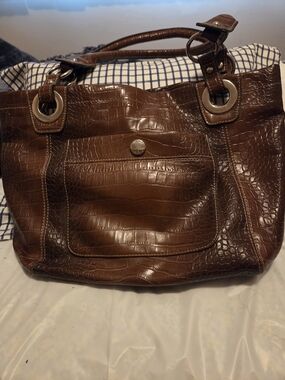 Nine West Brown Croc-Embossed Tote with Metal Ring Accents